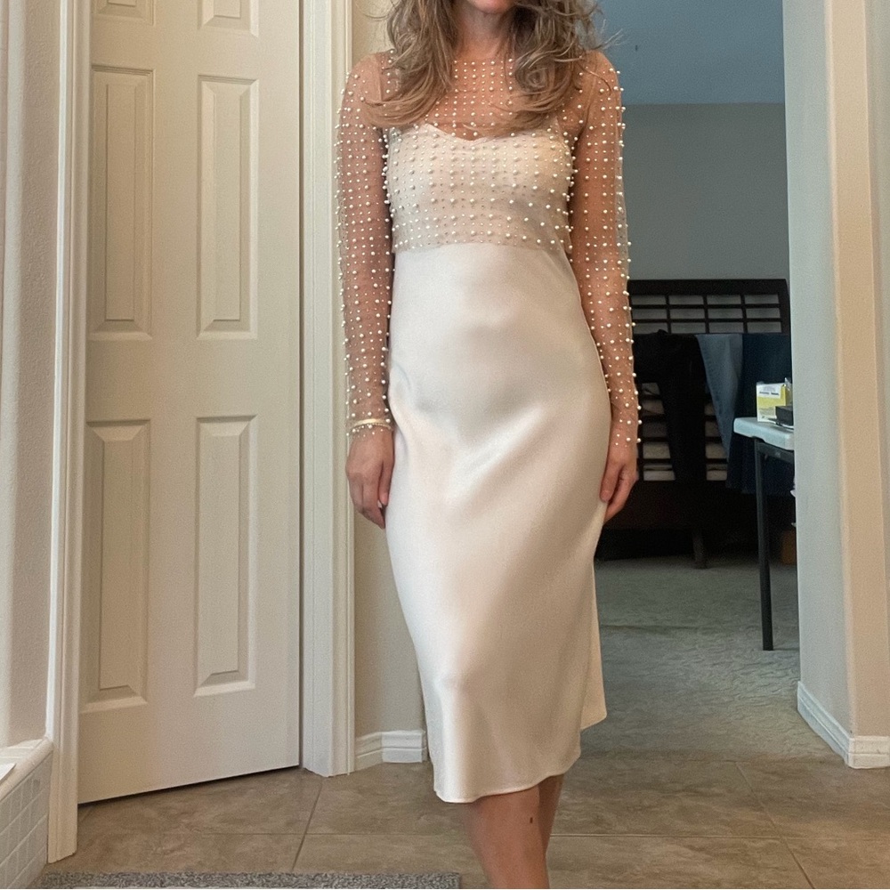 Elegant House of Harlow Beige Satin Dress with jeweled, mesh overlay